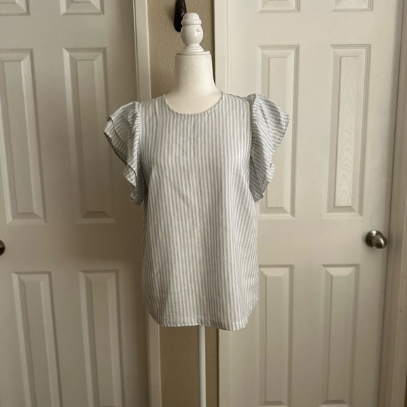 A New Day Stripped Blue/White Ruffled Sleeves Blouse Size: Small - Picture 2 of 7